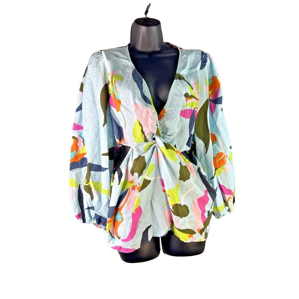 A New Day Top Medium Women's Blouse Multicolor Abstract Floral Long Sleeve Twist - Picture 2 of 16